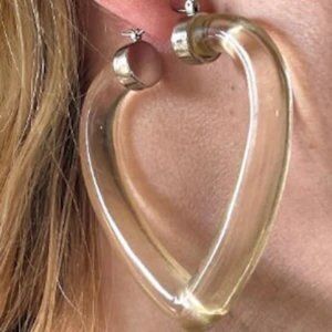 Vintage 1980's Clear Lucite Heart Shaped Hoop Earrings (VGUC)